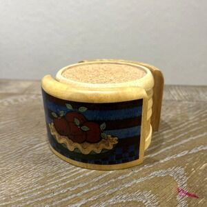 Vintage Kamenstein Wood Round Coaster Set 6 Pc Natural with Holder Apple Pie